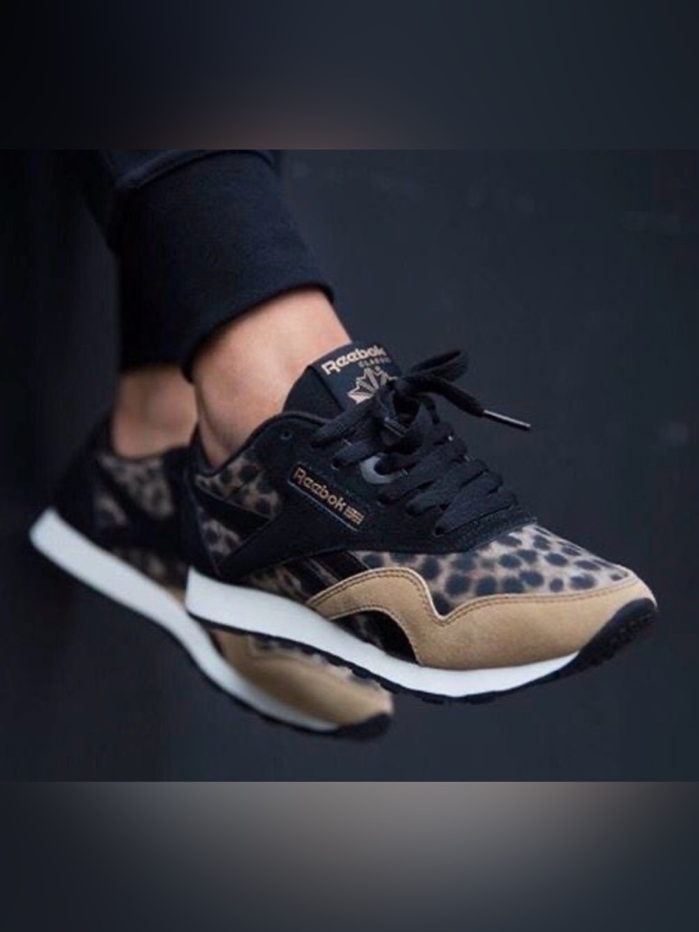 Reebok Women's Leopard Accent Running Sneakers in Black & Tan New w/o Box Size 6